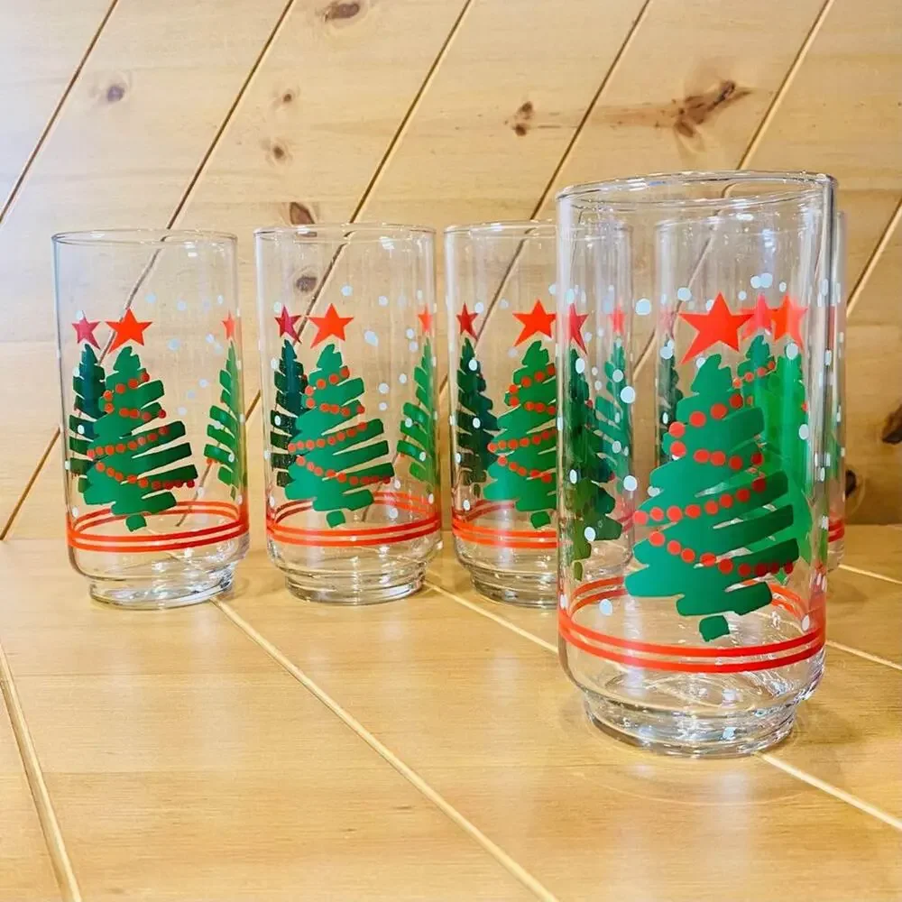 Vintage Libbey Holiday Glasses Set Of 4 Christmas Trees Glassware Tumblers Green